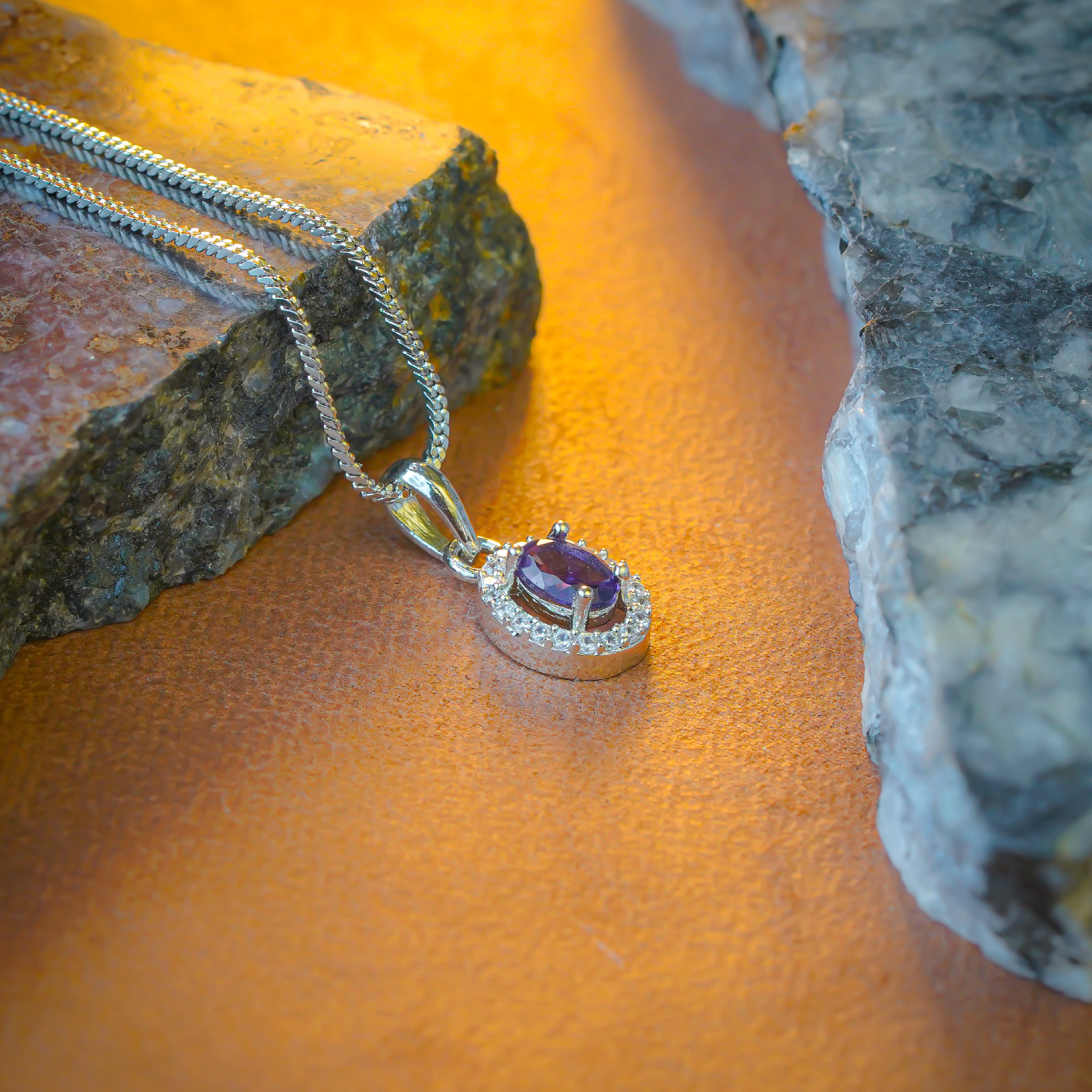 SELAYA Amethyst Oval Crystal Pendant Set with Earrings and Ring