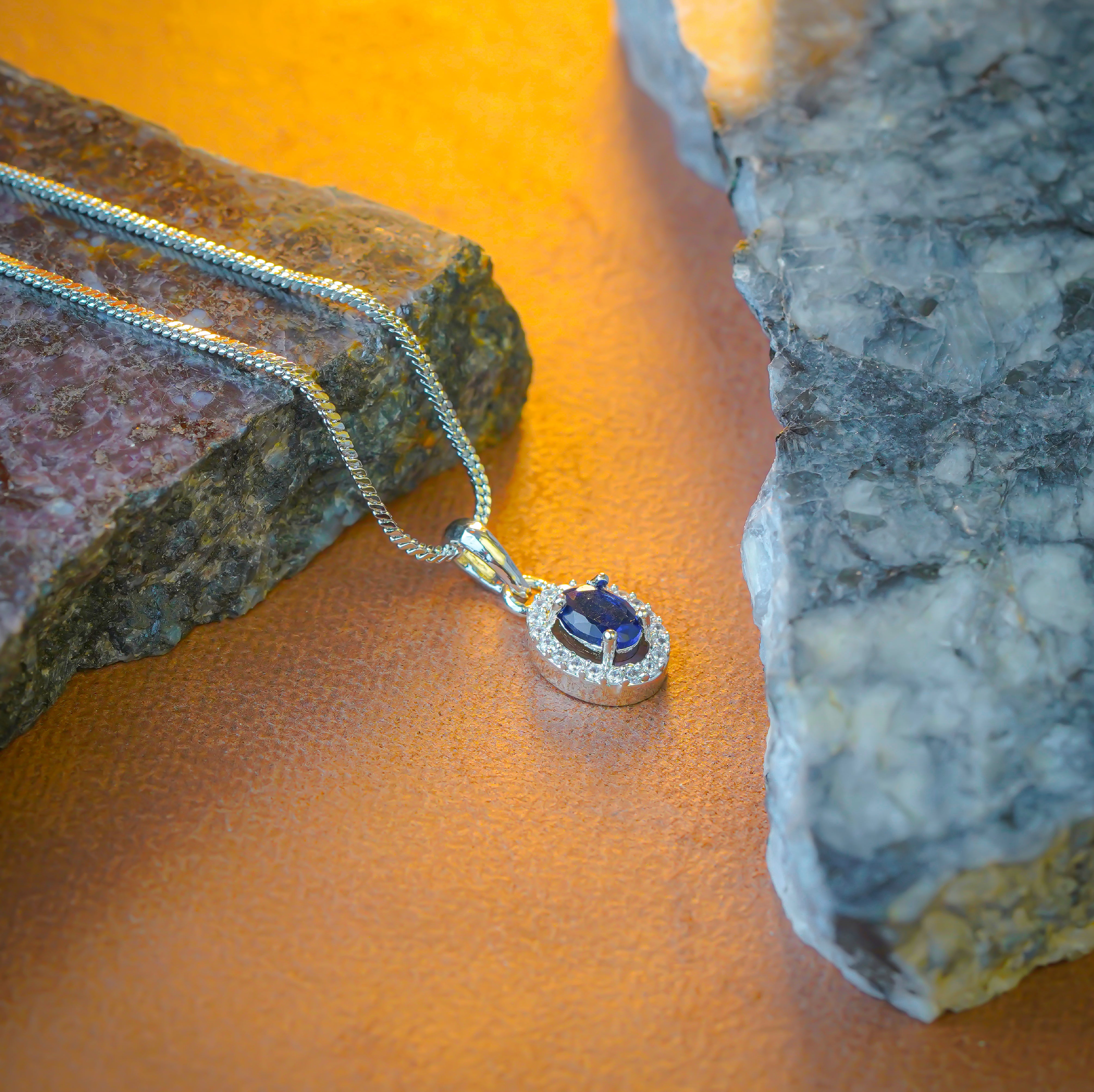 SELAYA Sapphire Oval Crystal Pendant Set with Earrings and Ring