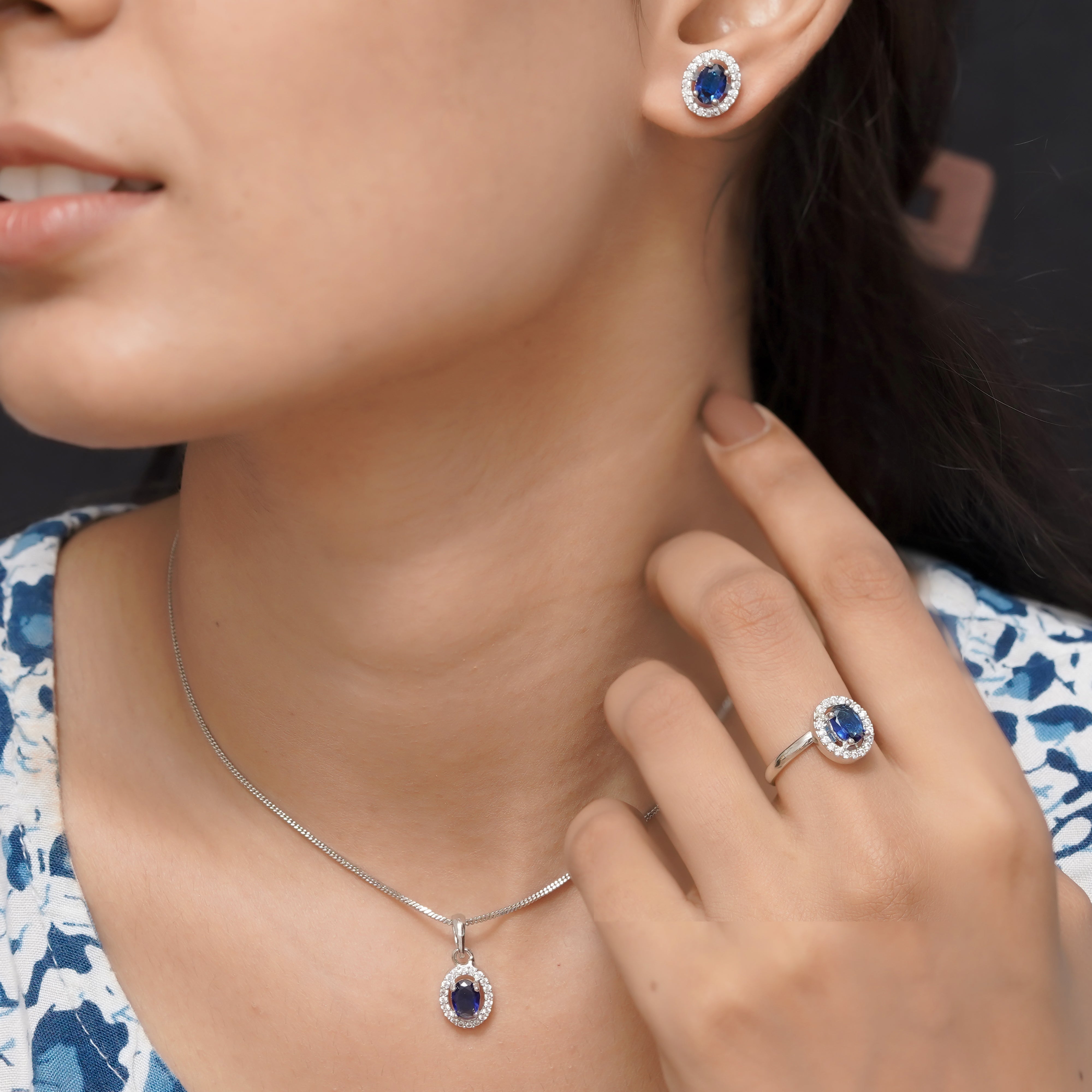 SELAYA Sapphire Oval Crystal Pendant Set with Earrings and Ring