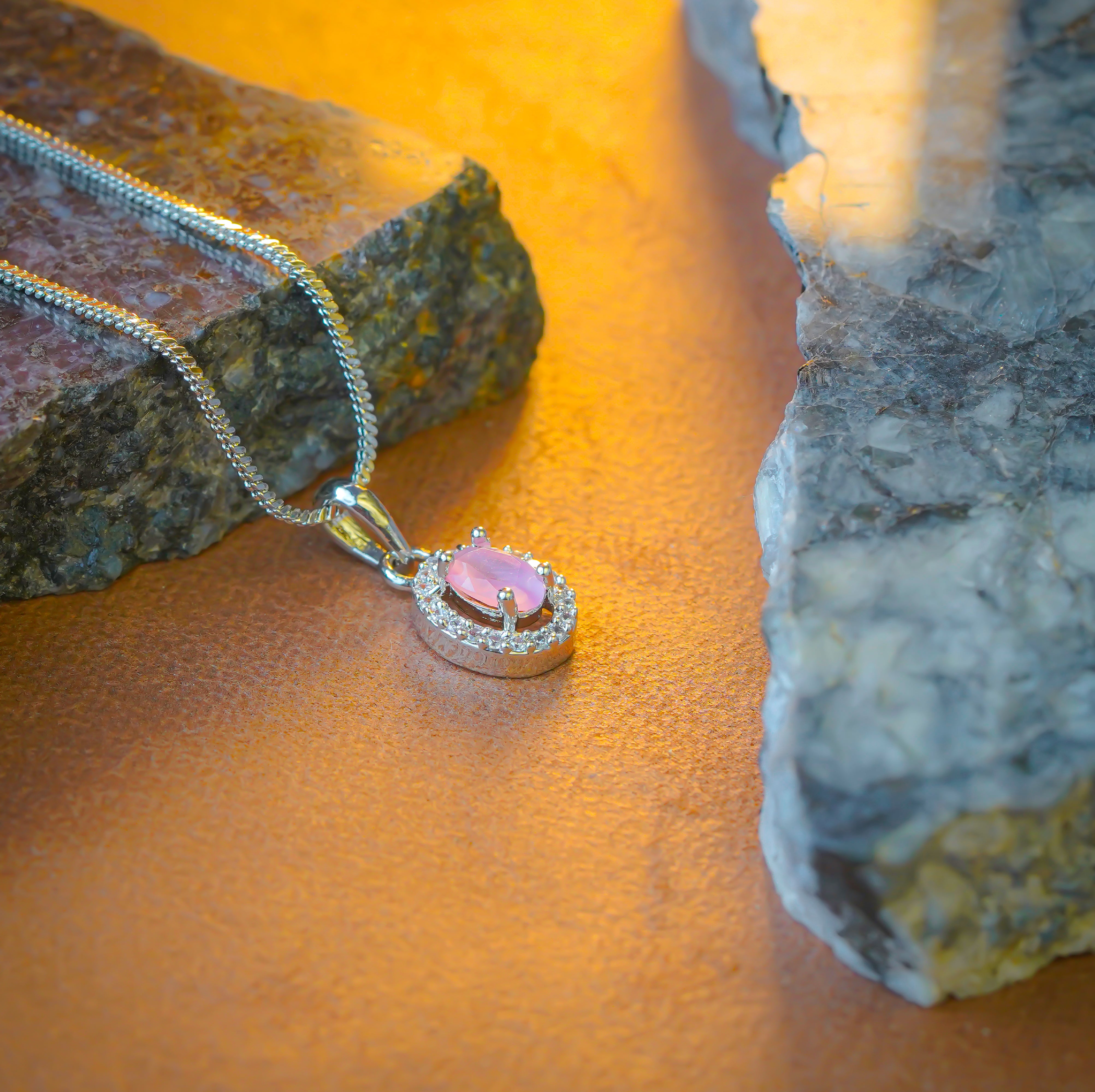 SELAYA Rose Pink Oval Crystal Pendant Set with Earrings and Ring