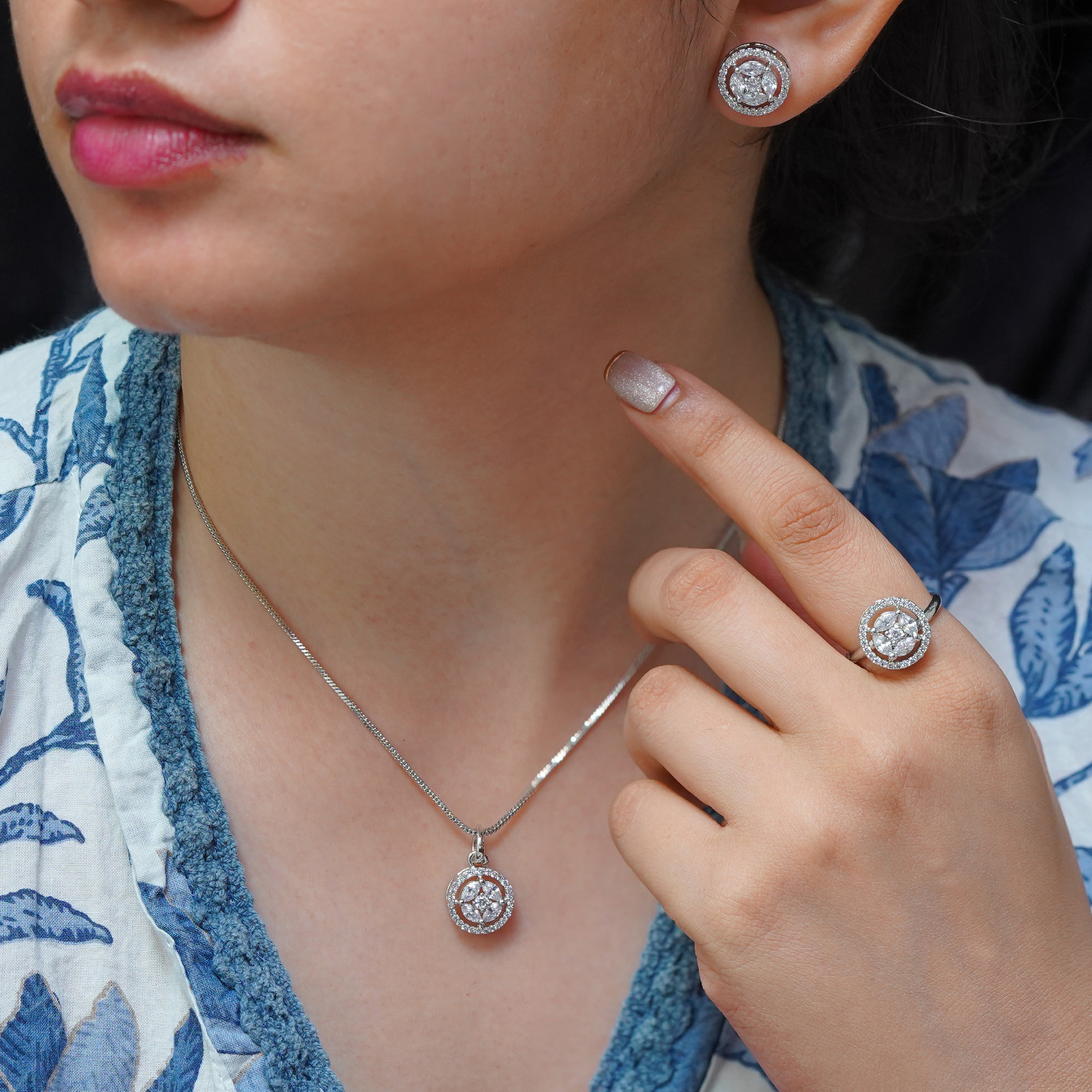 SELAYA Sparkling White Crystal Pendant Set with Earrings and Ring