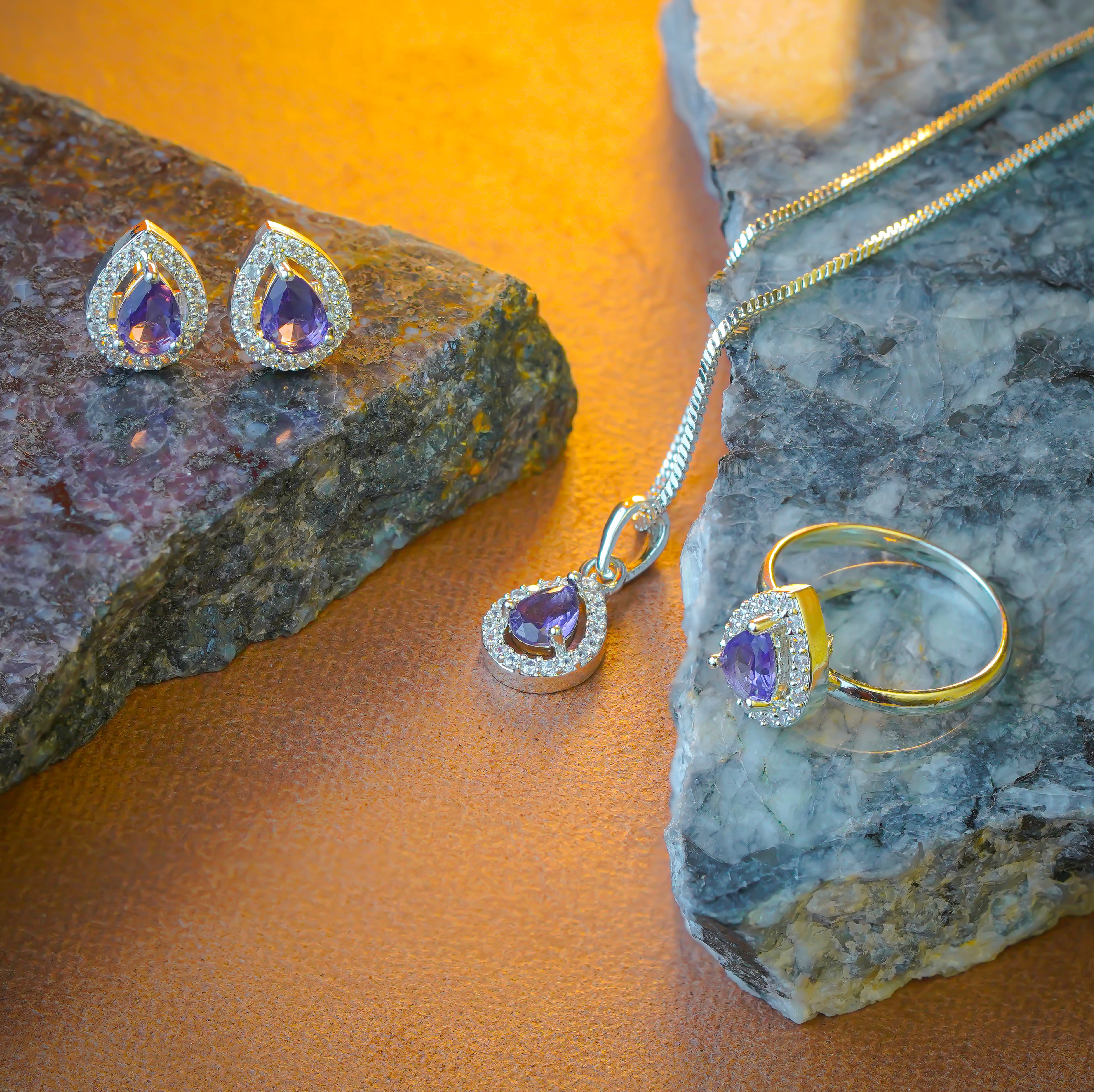 SELAYA Teardrop Amethyst Crystal Pendant Set with Earrings and Ring