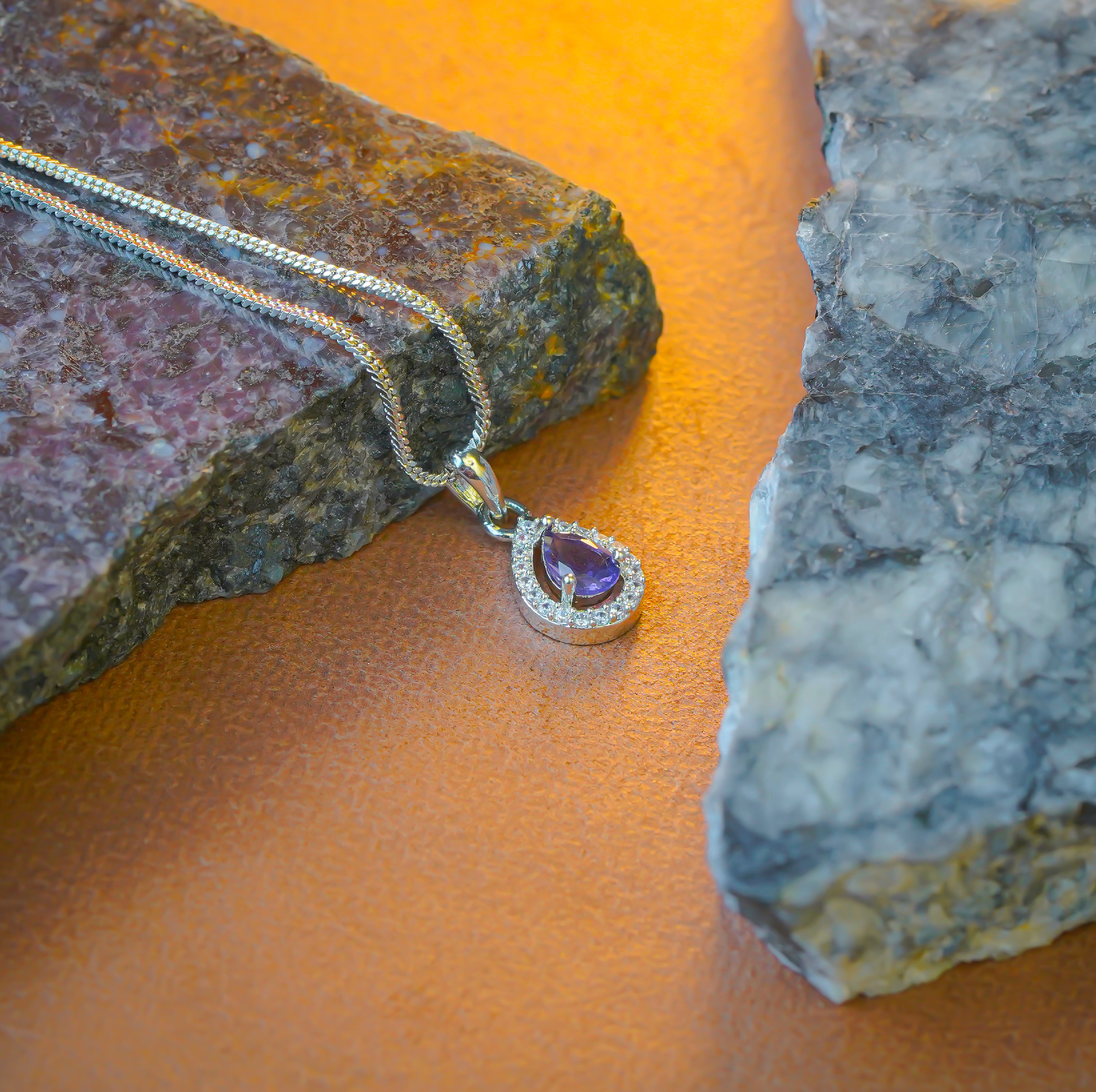 SELAYA Teardrop Amethyst Crystal Pendant Set with Earrings and Ring