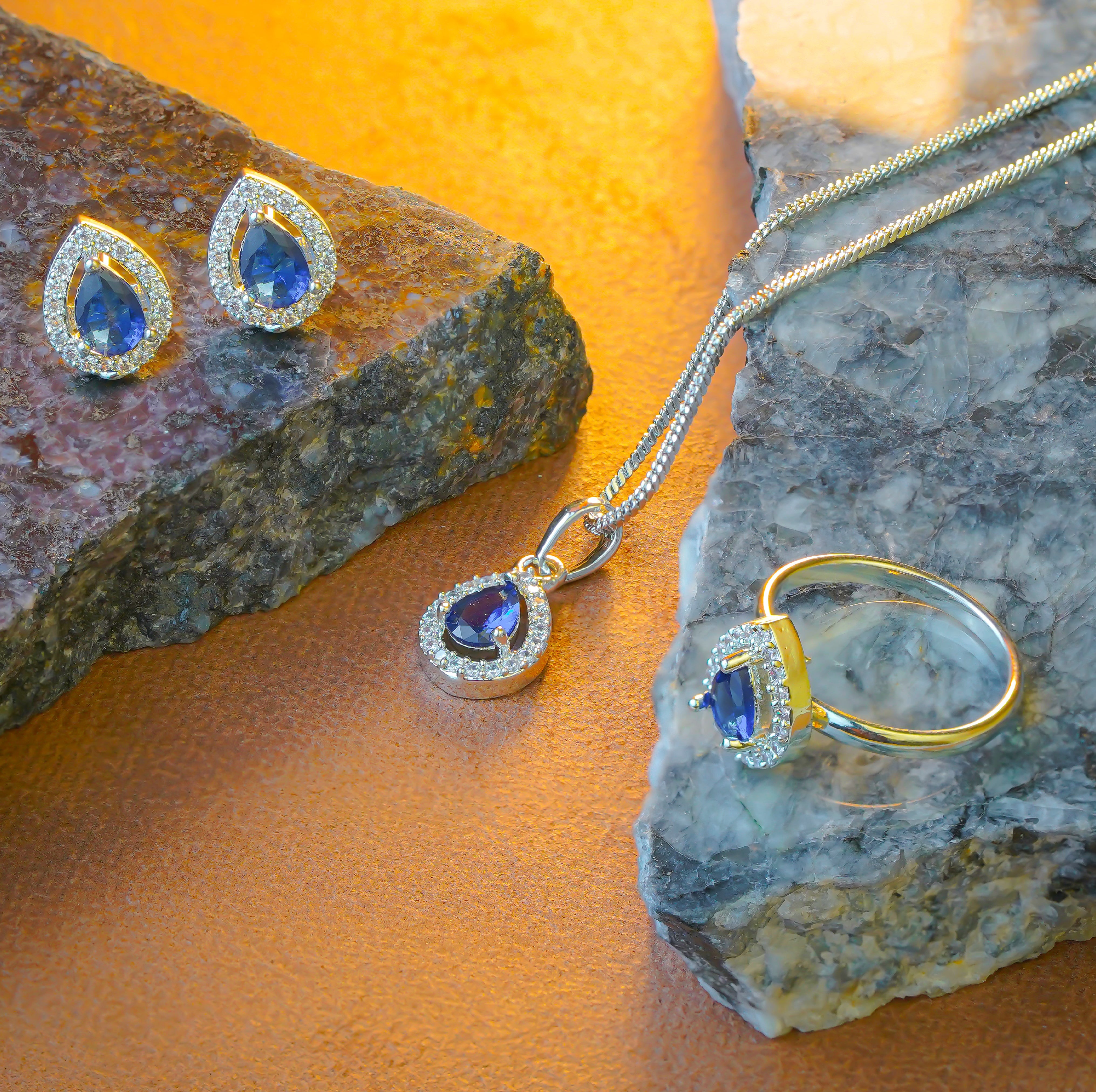 SELAYA Teardrop Sapphire Crystal Pendant Set with Earrings and Ring