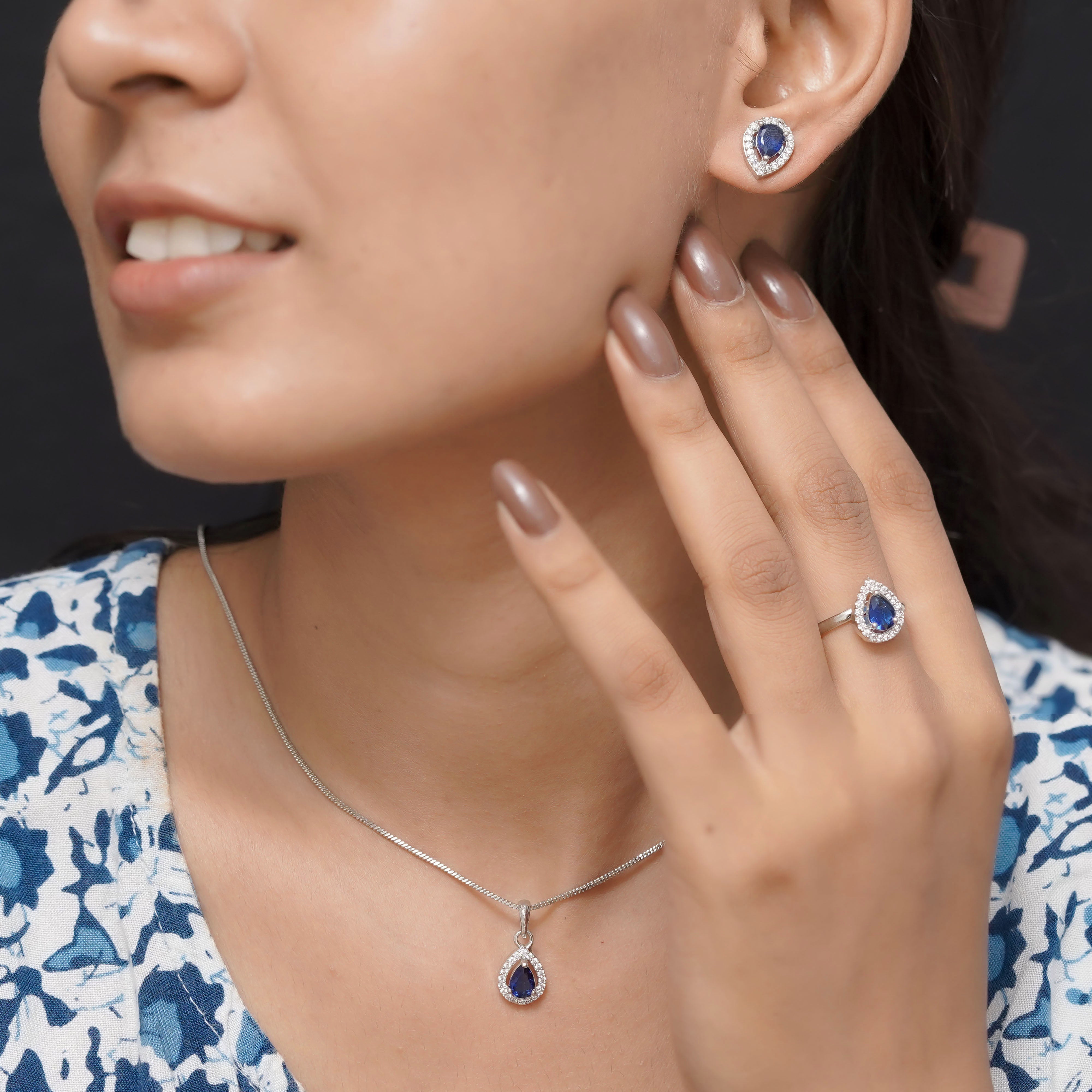 SELAYA Teardrop Sapphire Crystal Pendant Set with Earrings and Ring