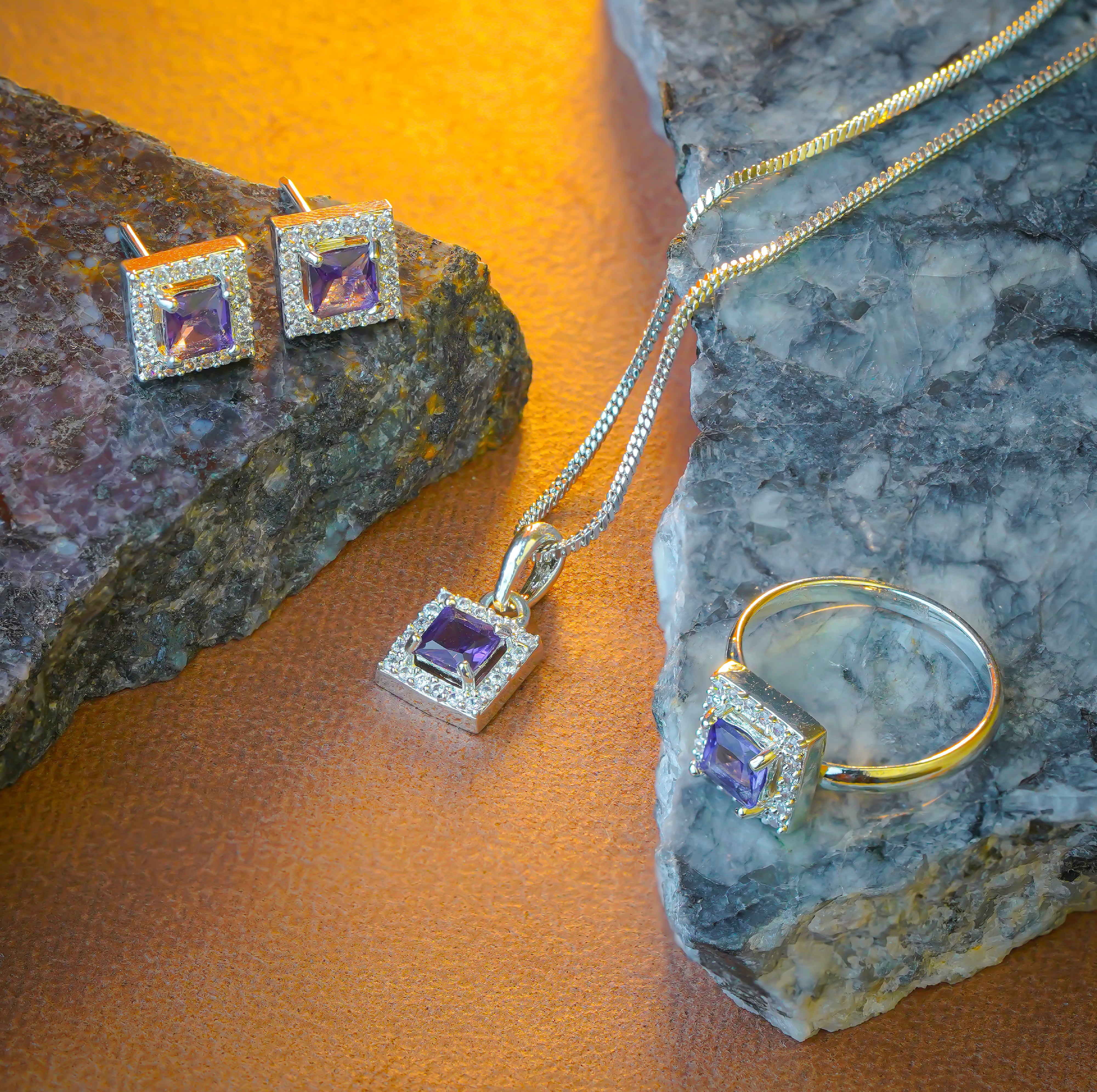 SELAYA Square-Cut Amethyst Crystal Pendant Set with Earrings and Ring