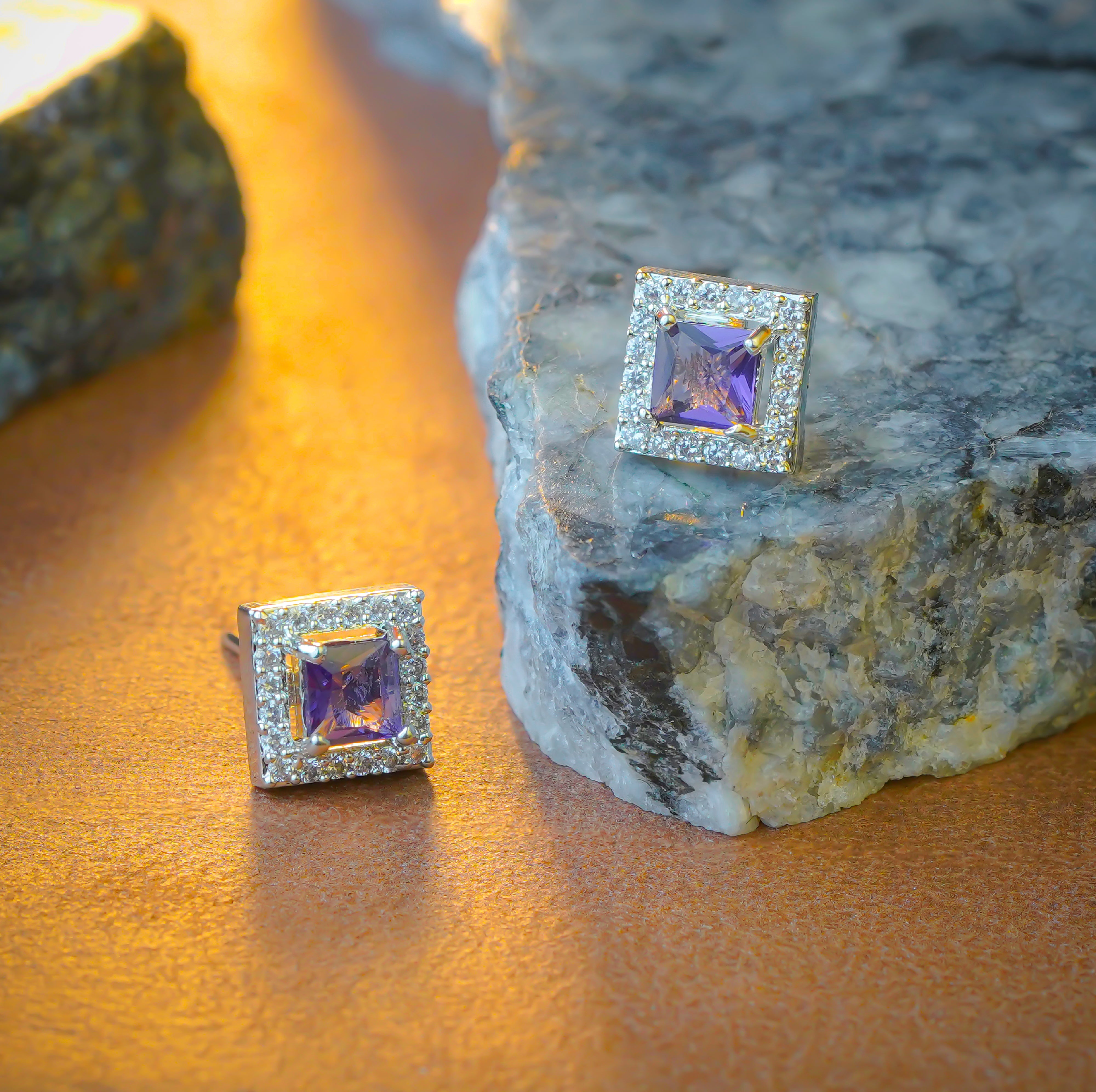 SELAYA Square-Cut Amethyst Crystal Pendant Set with Earrings and Ring