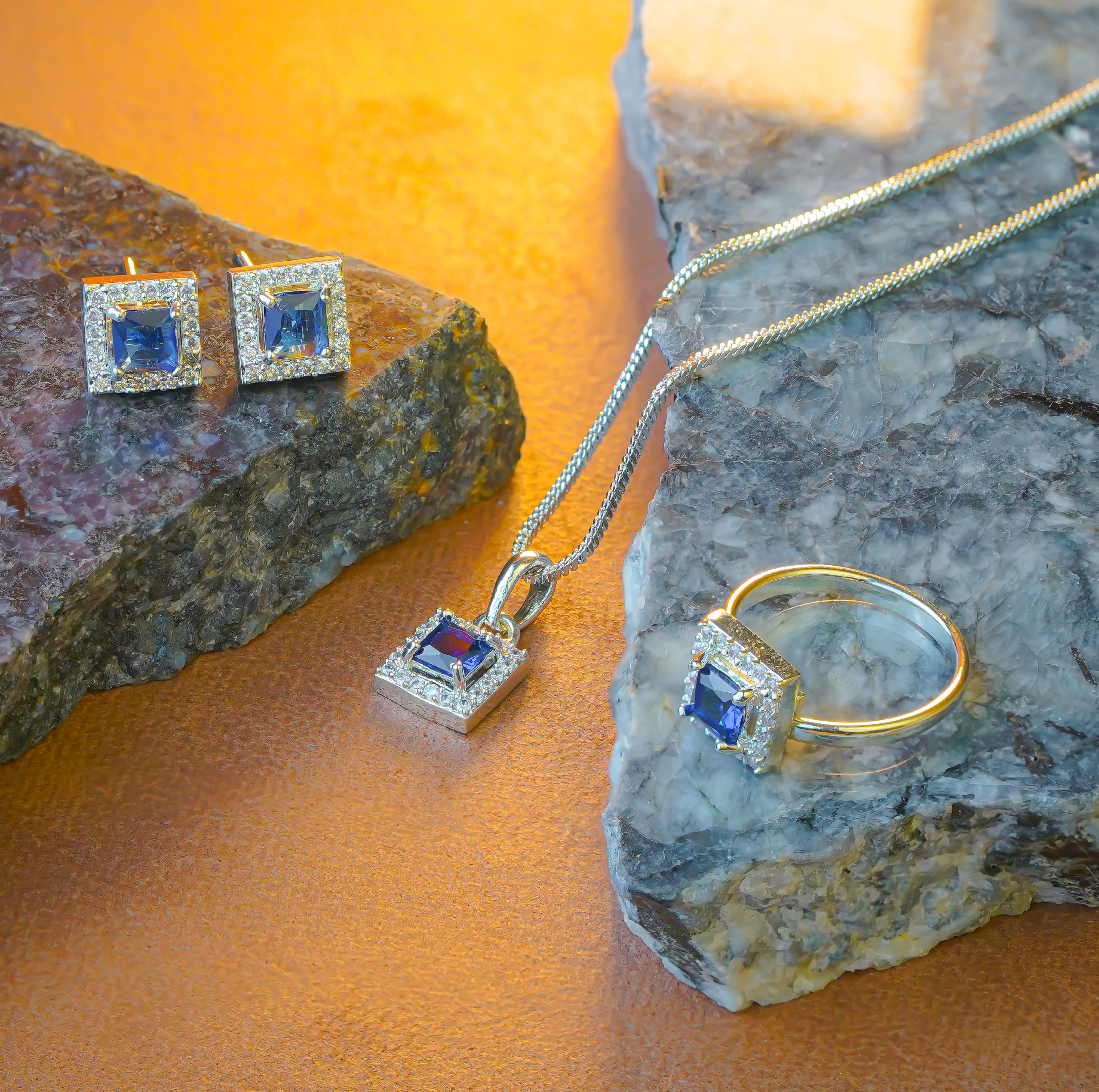 SELAYA Square-Cut Sapphire Crystal Pendant Set with Earrings and Ring