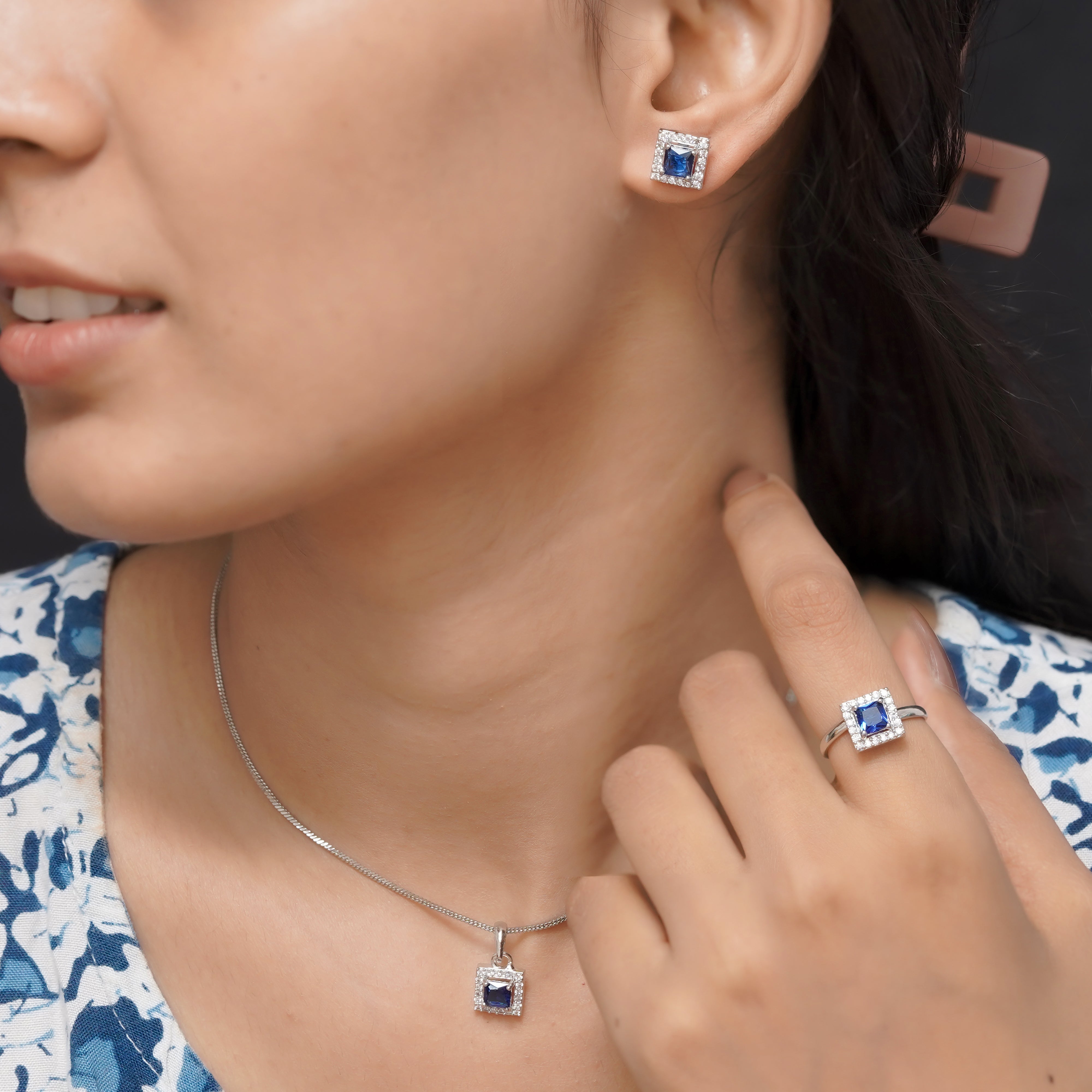 SELAYA Square-Cut Sapphire Crystal Pendant Set with Earrings and Ring