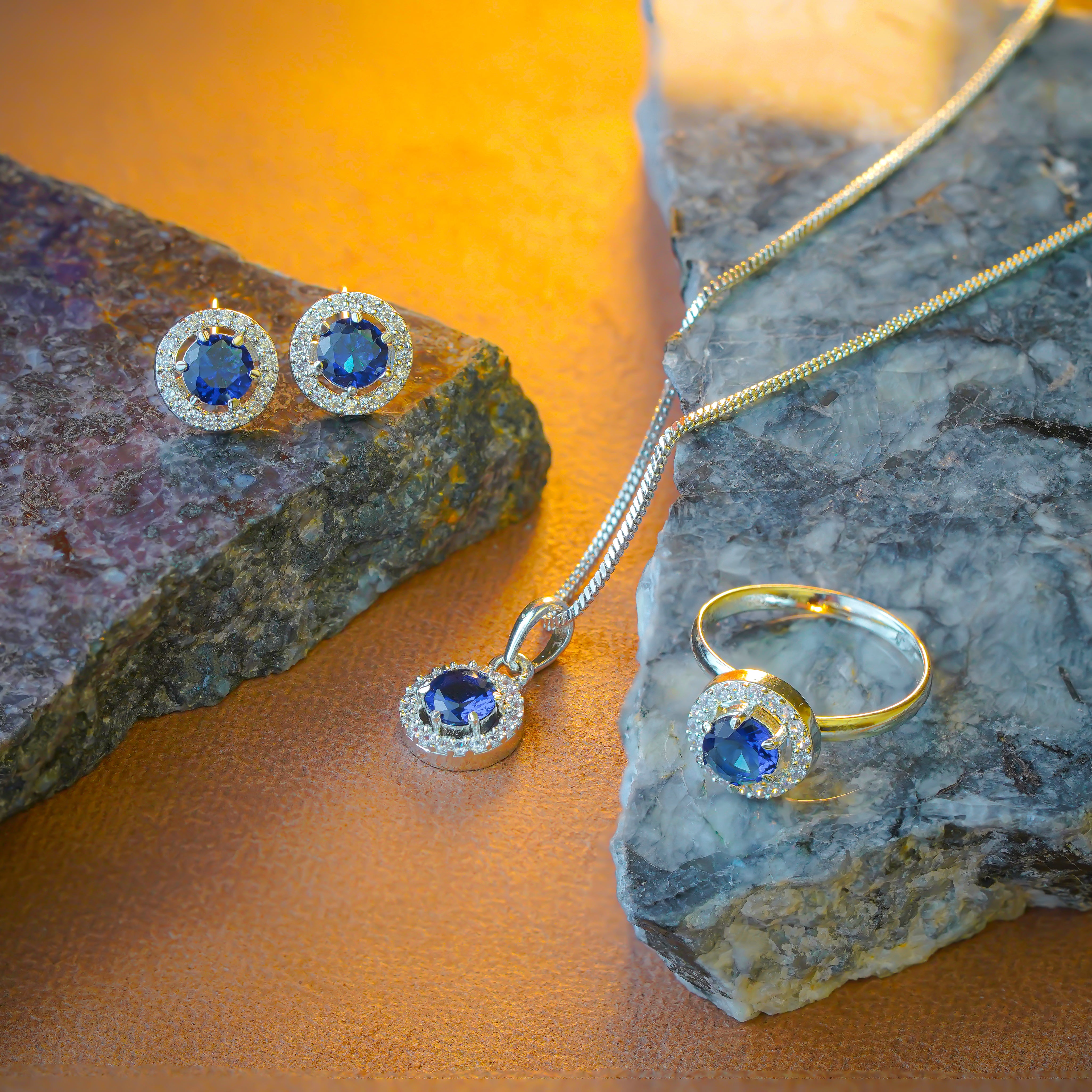 SELAYA Round Sapphire Crystal Pendant Set with Earrings and Ring