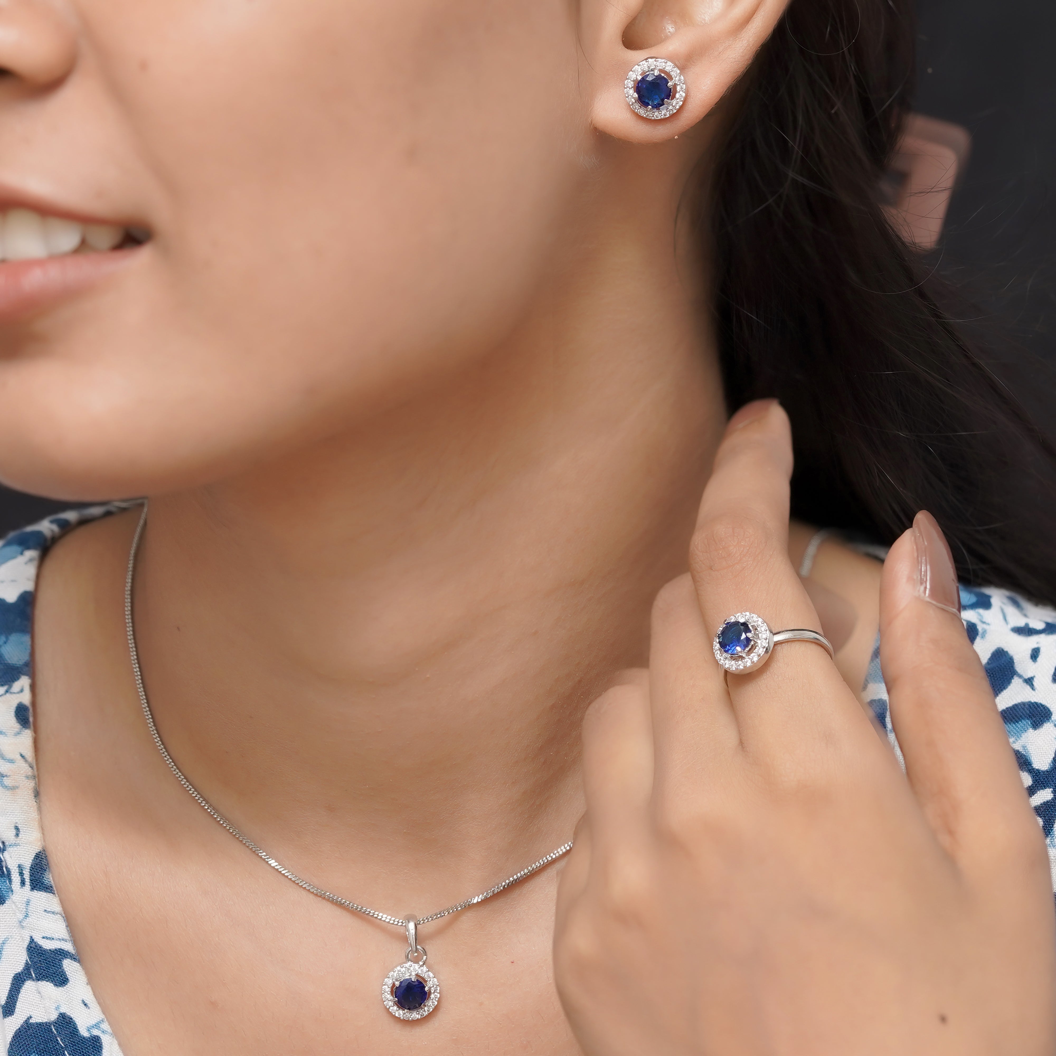 SELAYA Round Sapphire Crystal Pendant Set with Earrings and Ring