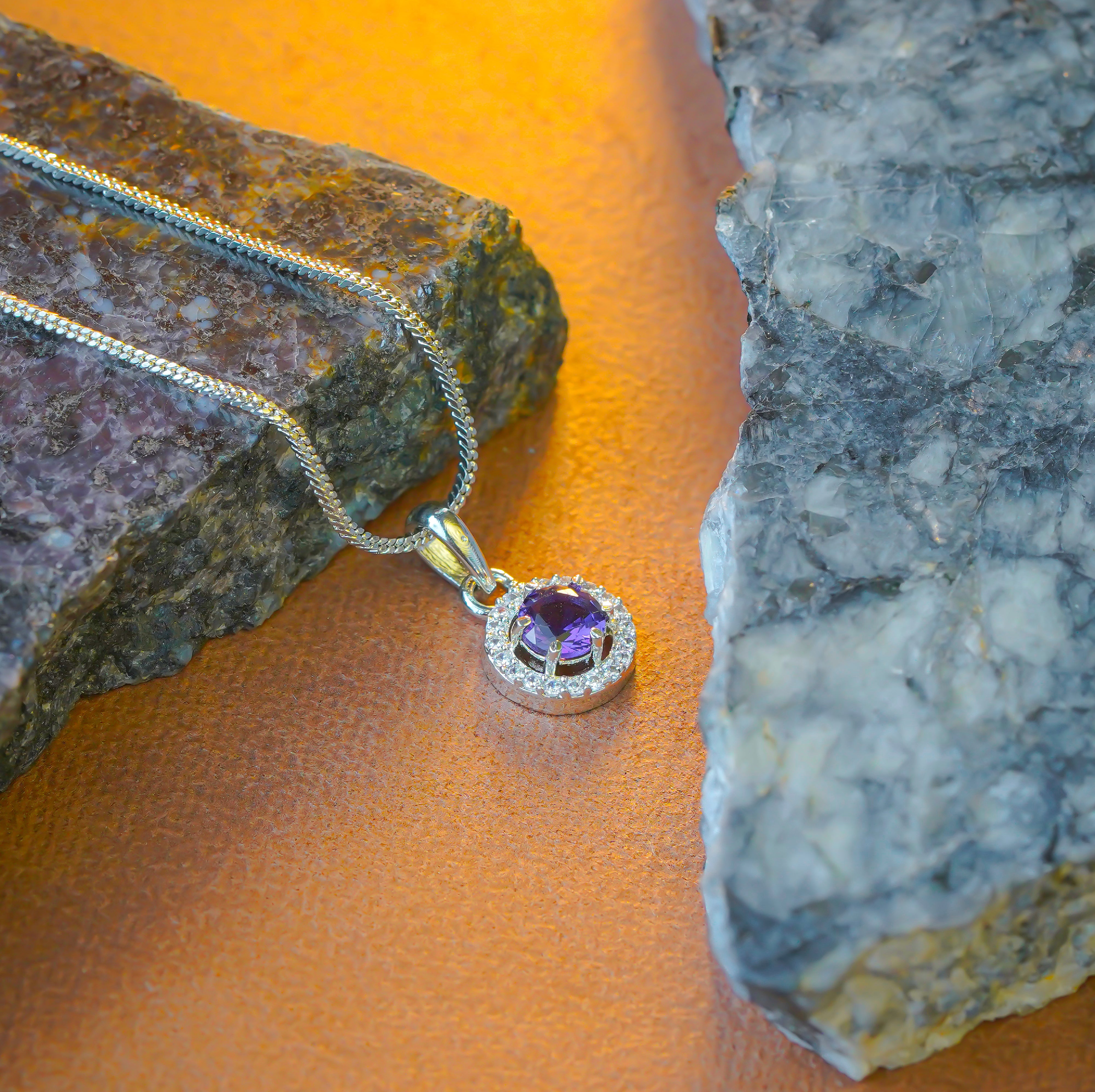 SELAYA Round Amethyst Crystal Pendant Set with Earrings and Ring