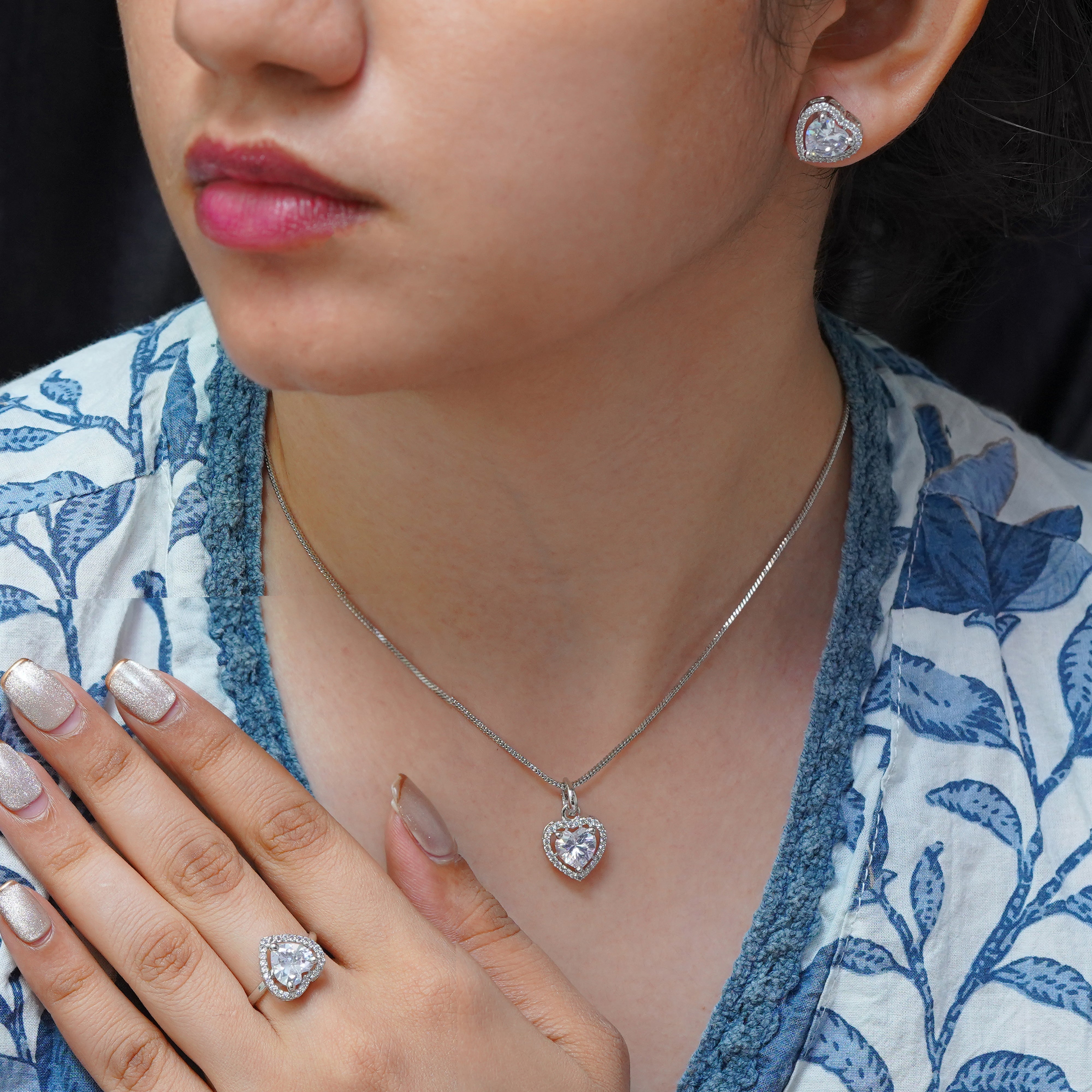 SELAYA Heart-Shaped White Crystal Pendant Set with Earrings and Ring