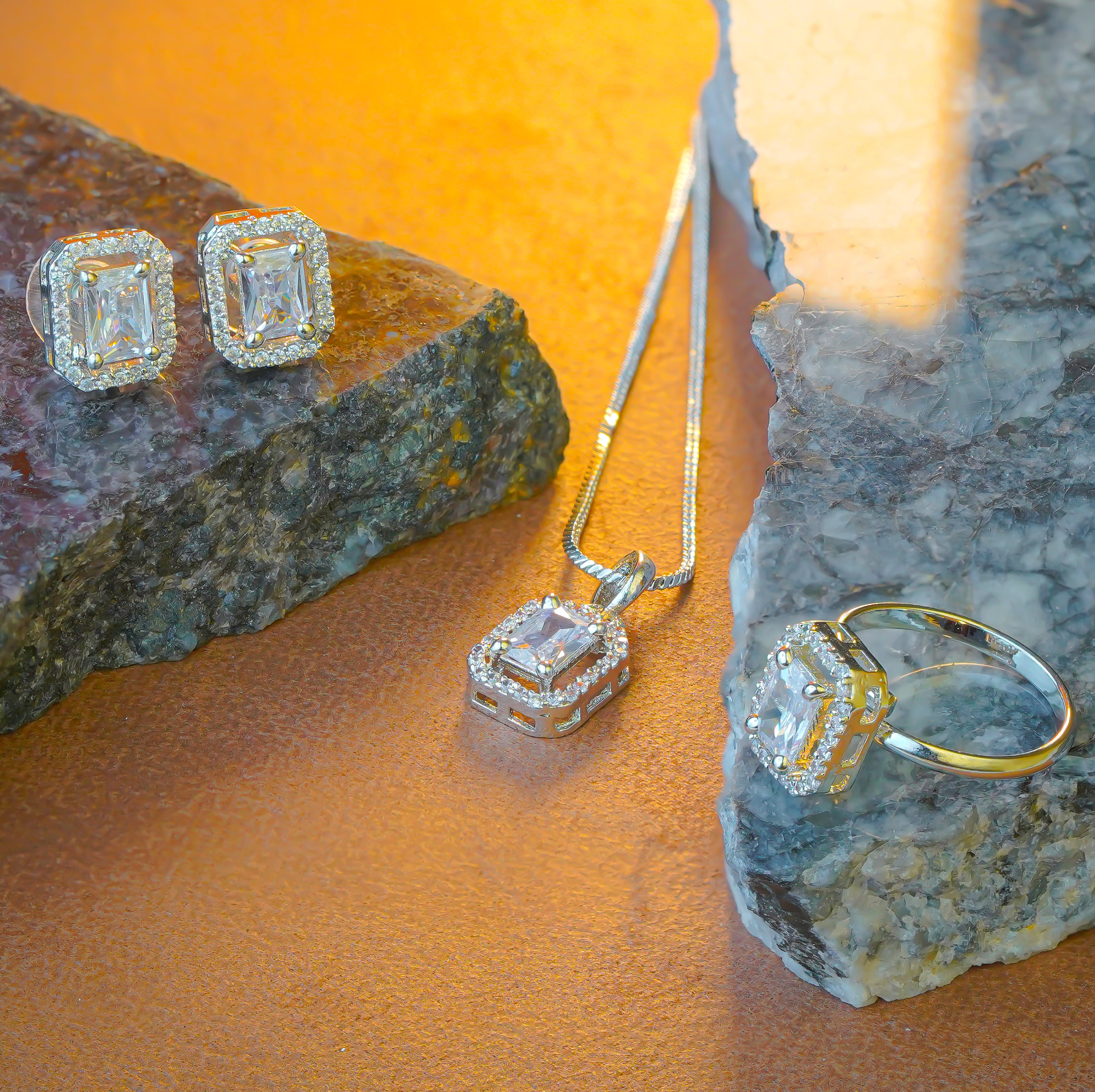 SELAYA Emerald-Cut White Crystal Pendant Set with Earrings and Ring