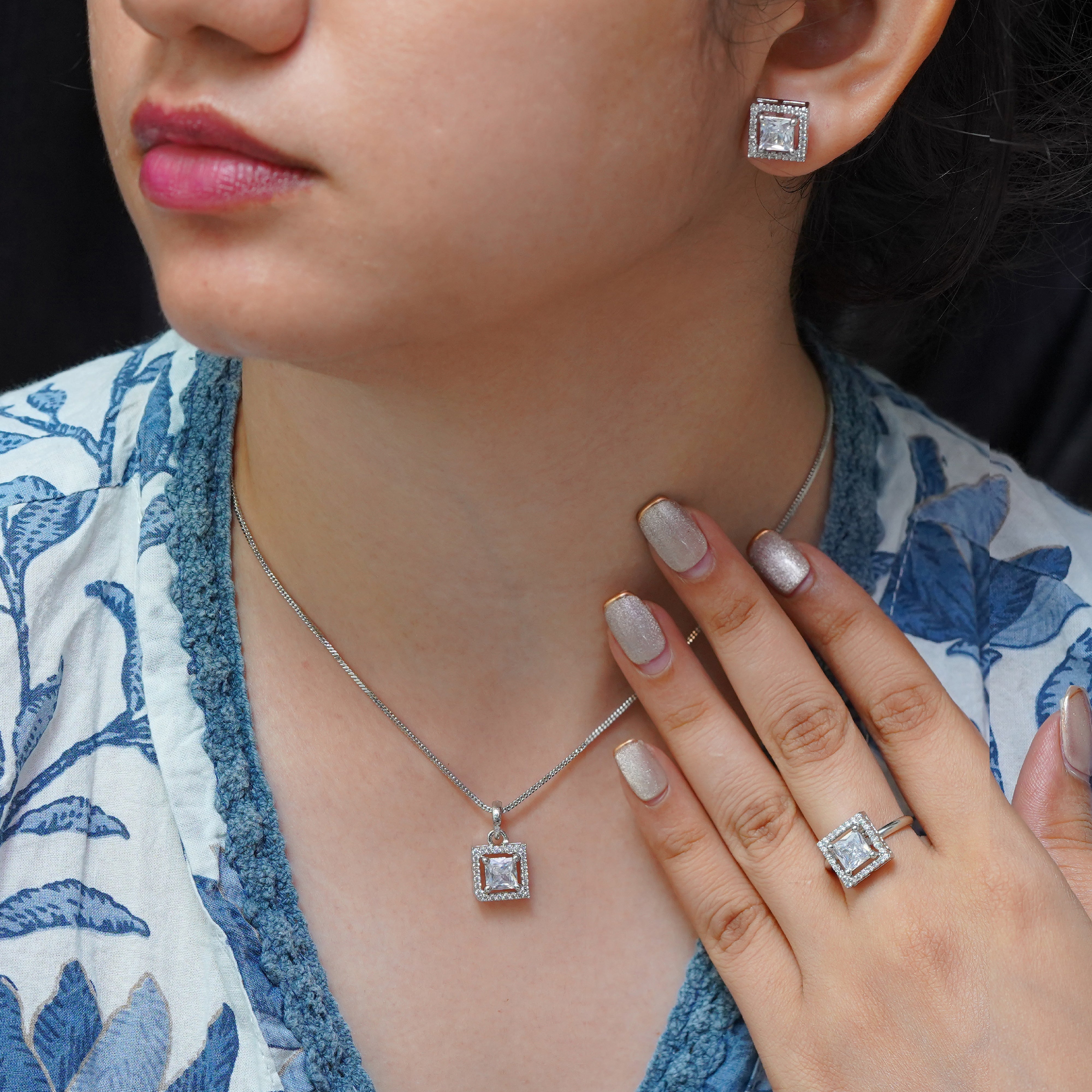 SELAYA Square-Cut White Crystal Pendant Set with Earrings and Ring