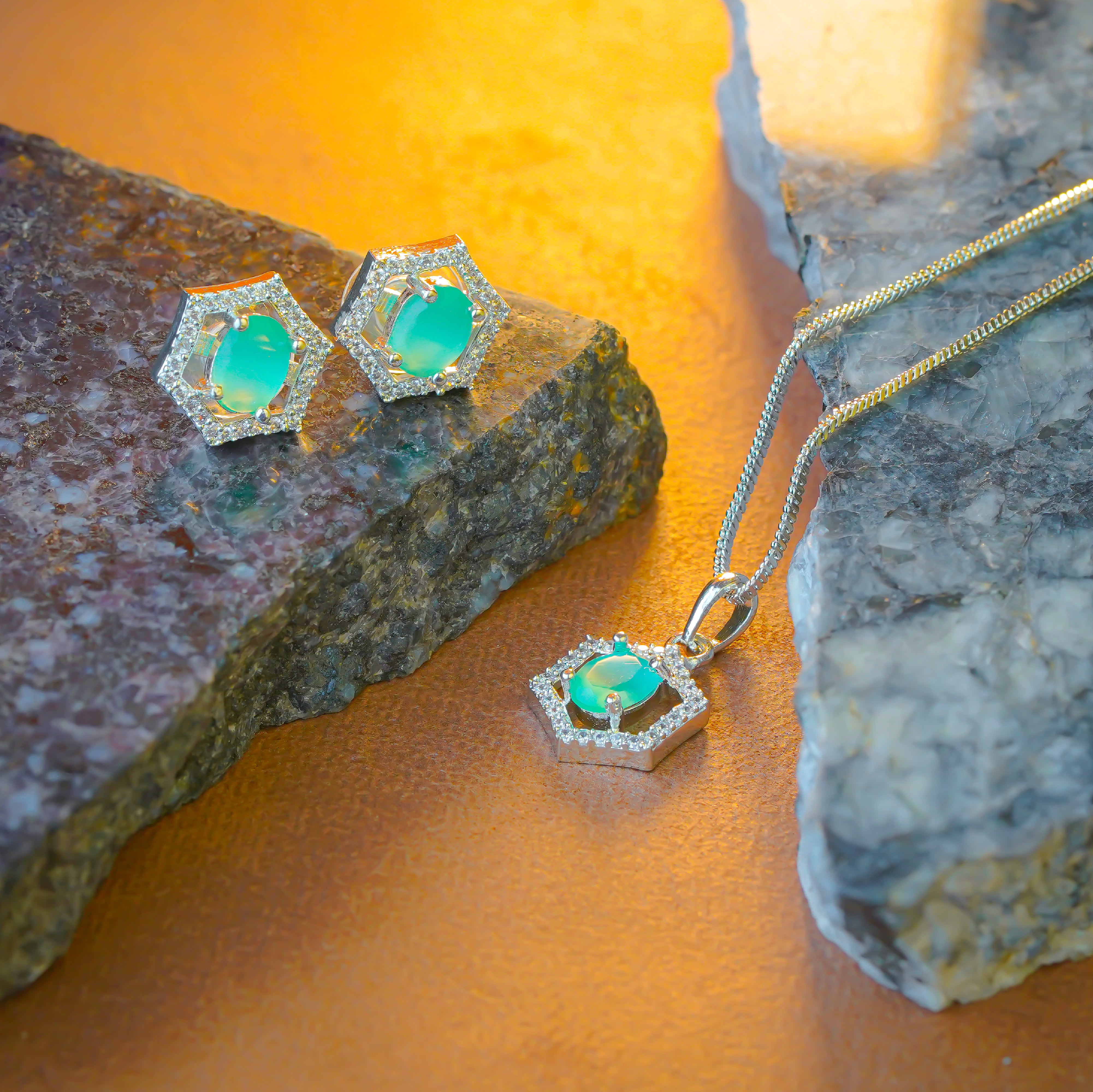 Exquisite Hexagonal Turquoise Pendant Set with Earrings