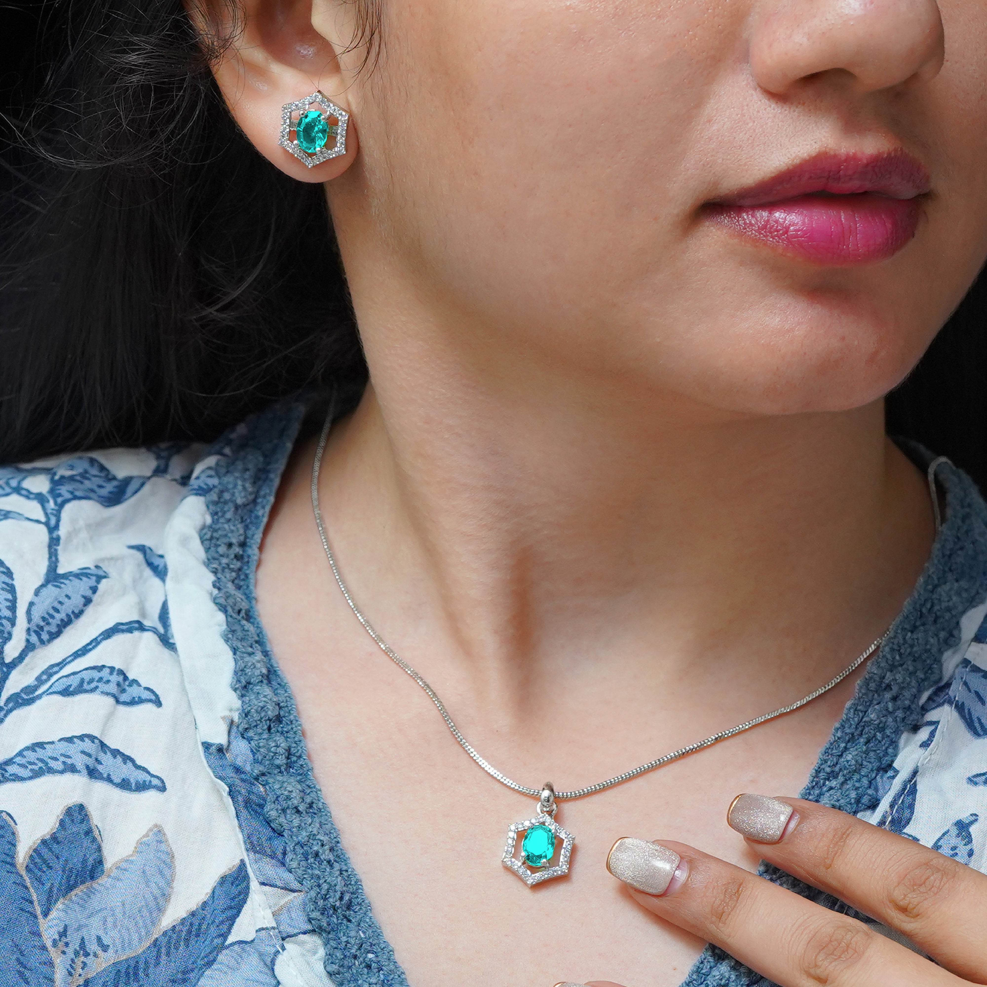 Exquisite Hexagonal Turquoise Pendant Set with Earrings