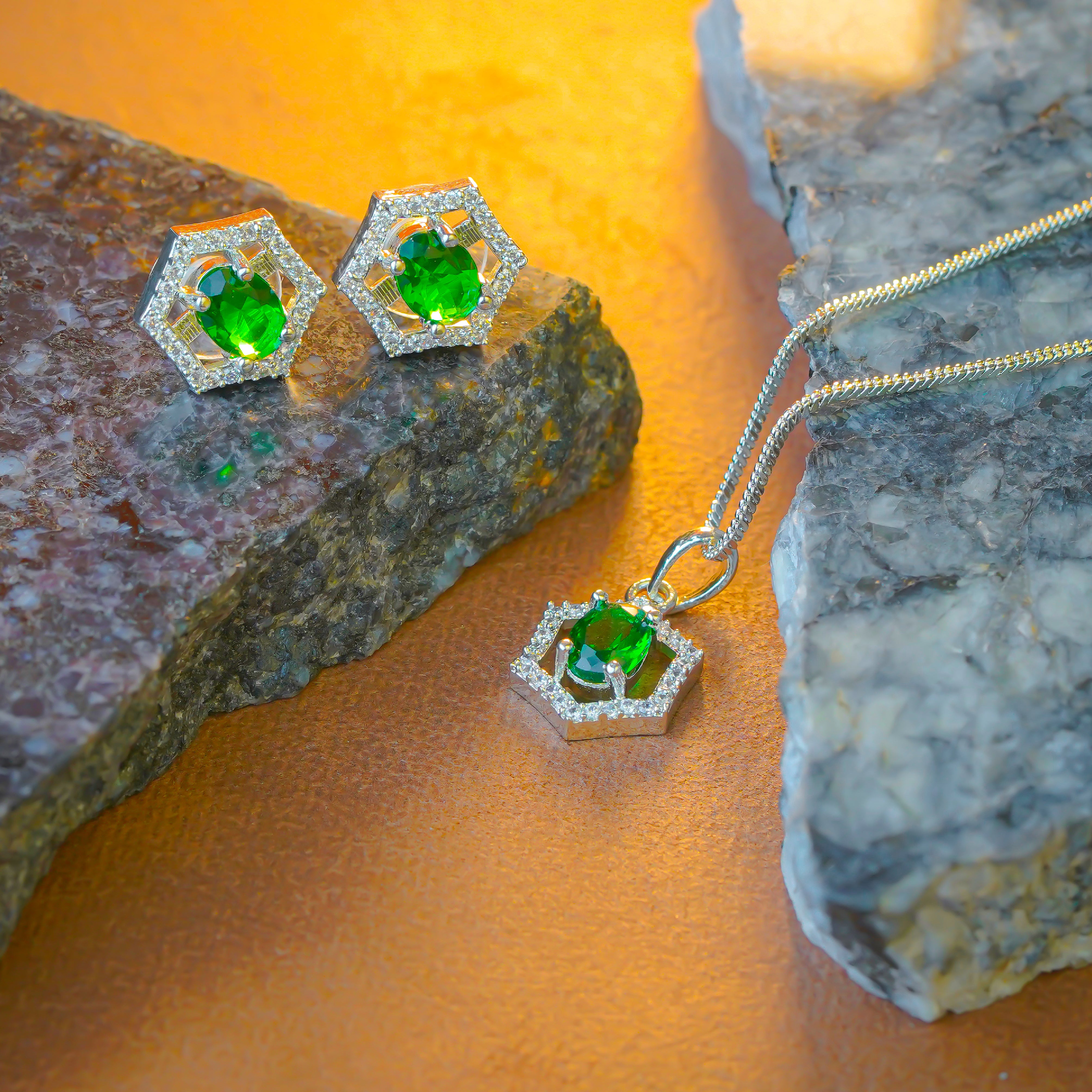 Elegant Hexagonal Green Gemstone Pendant Set with Earrings