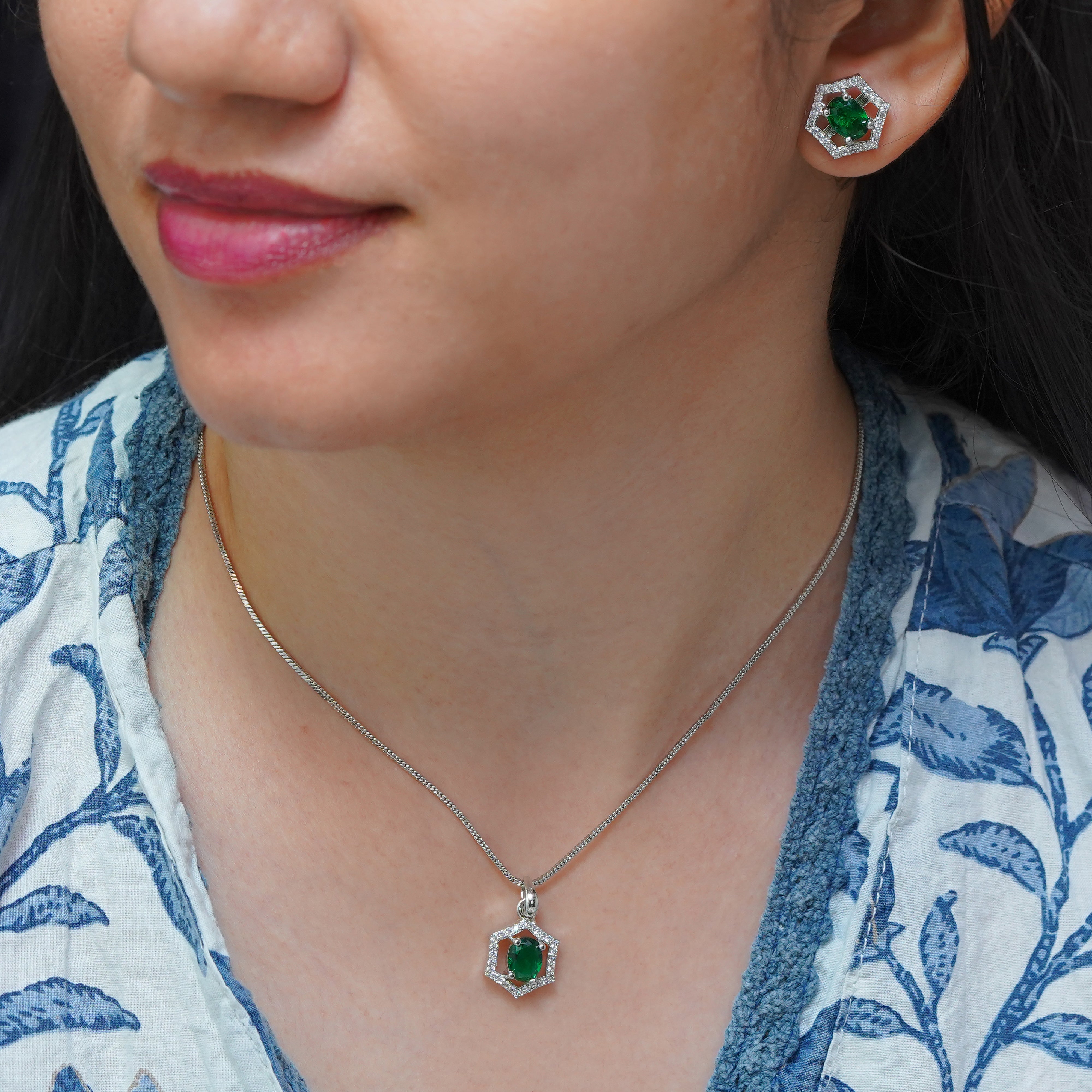 Elegant Hexagonal Green Gemstone Pendant Set with Earrings