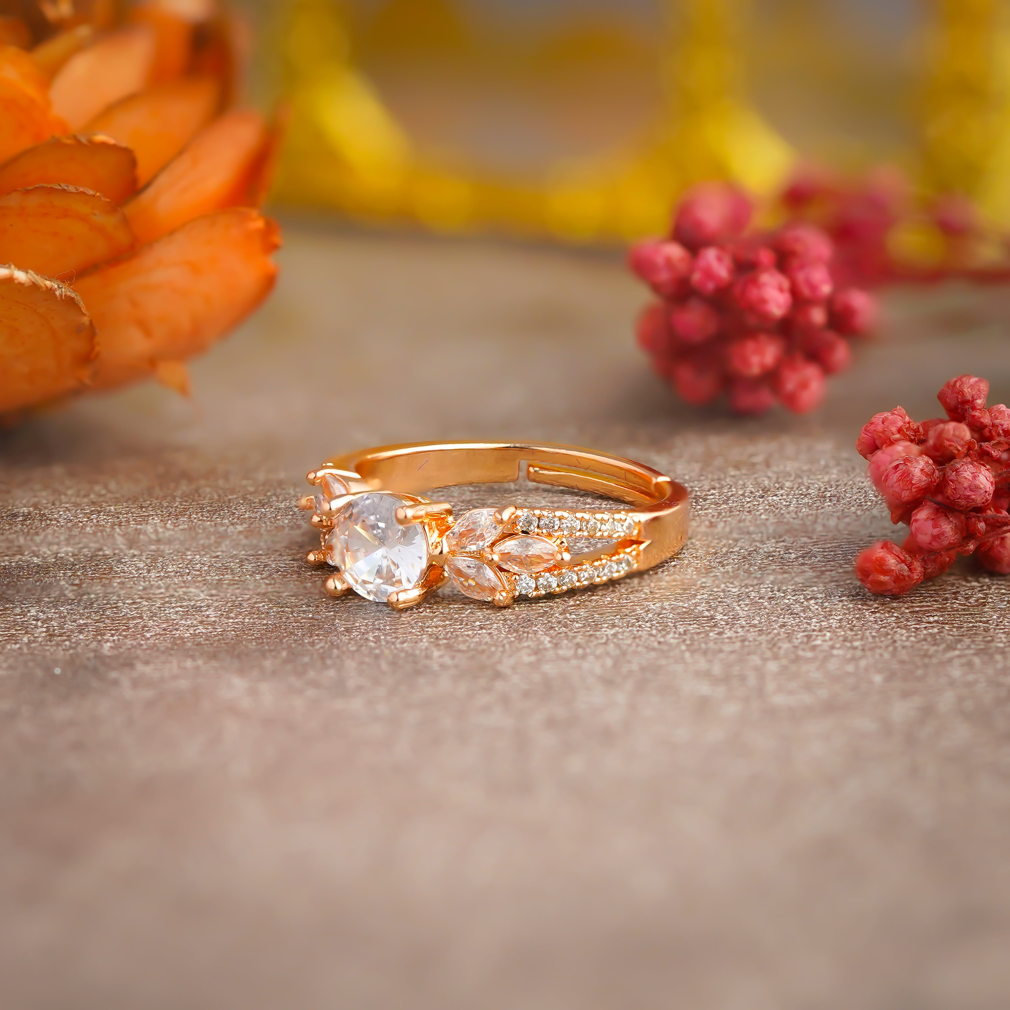 Elegant Gold Plated Leaf Crystal Ring for Women SR14