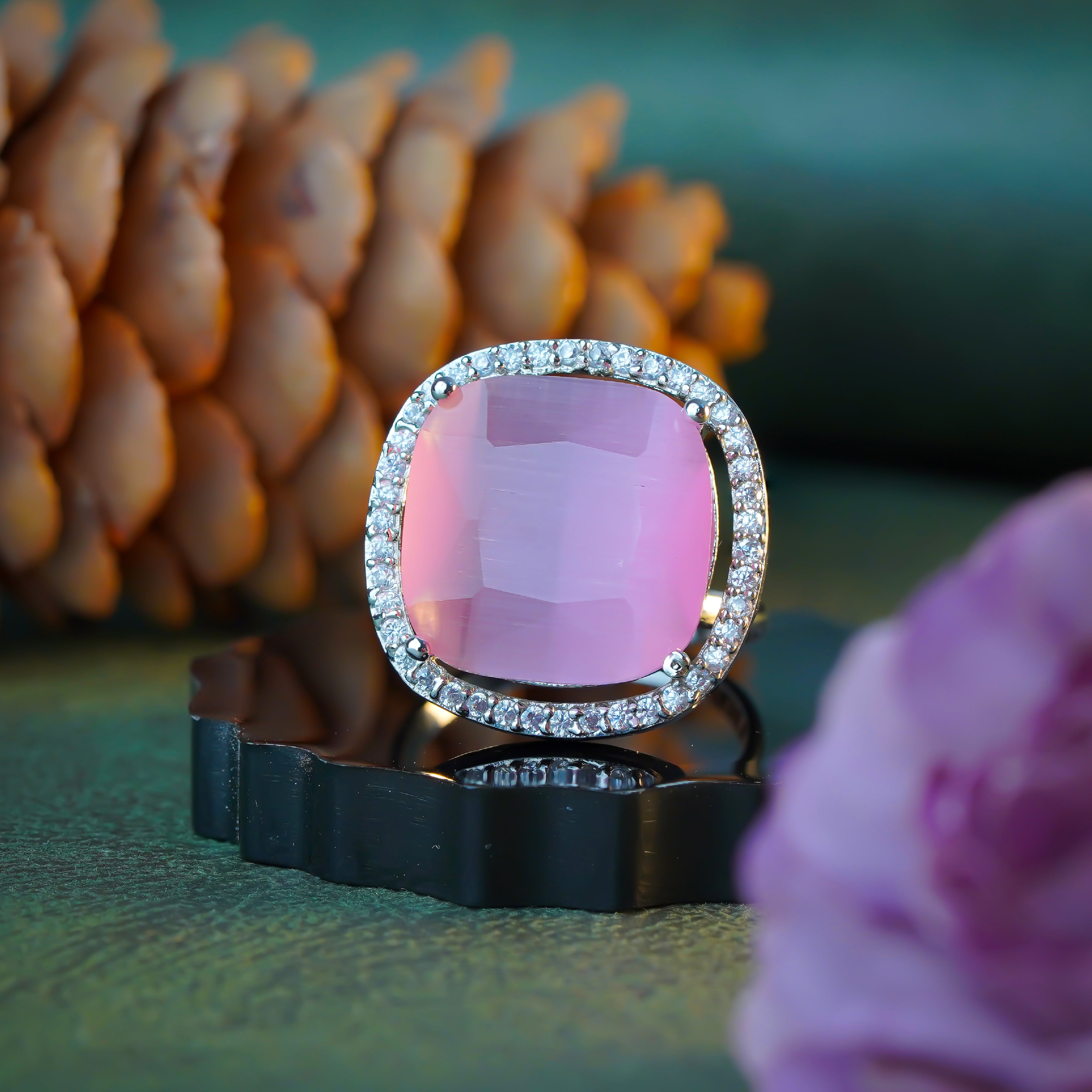 Elegant Pink Oval Crystal Accents Adjustable Ring For Women SR24