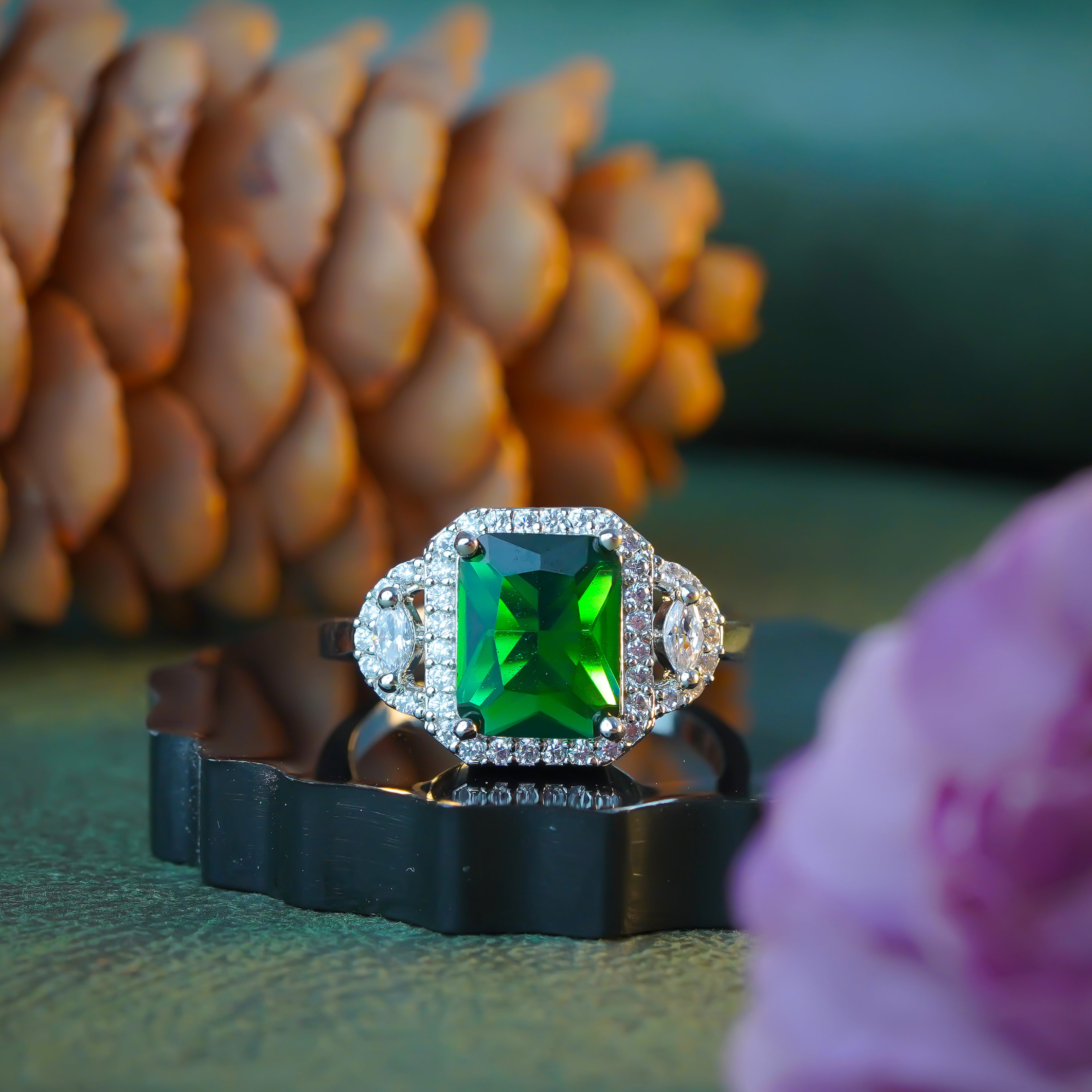 Stunning Green Emerald-Cut Crystal Accents Adjustable Ring For Women SR27