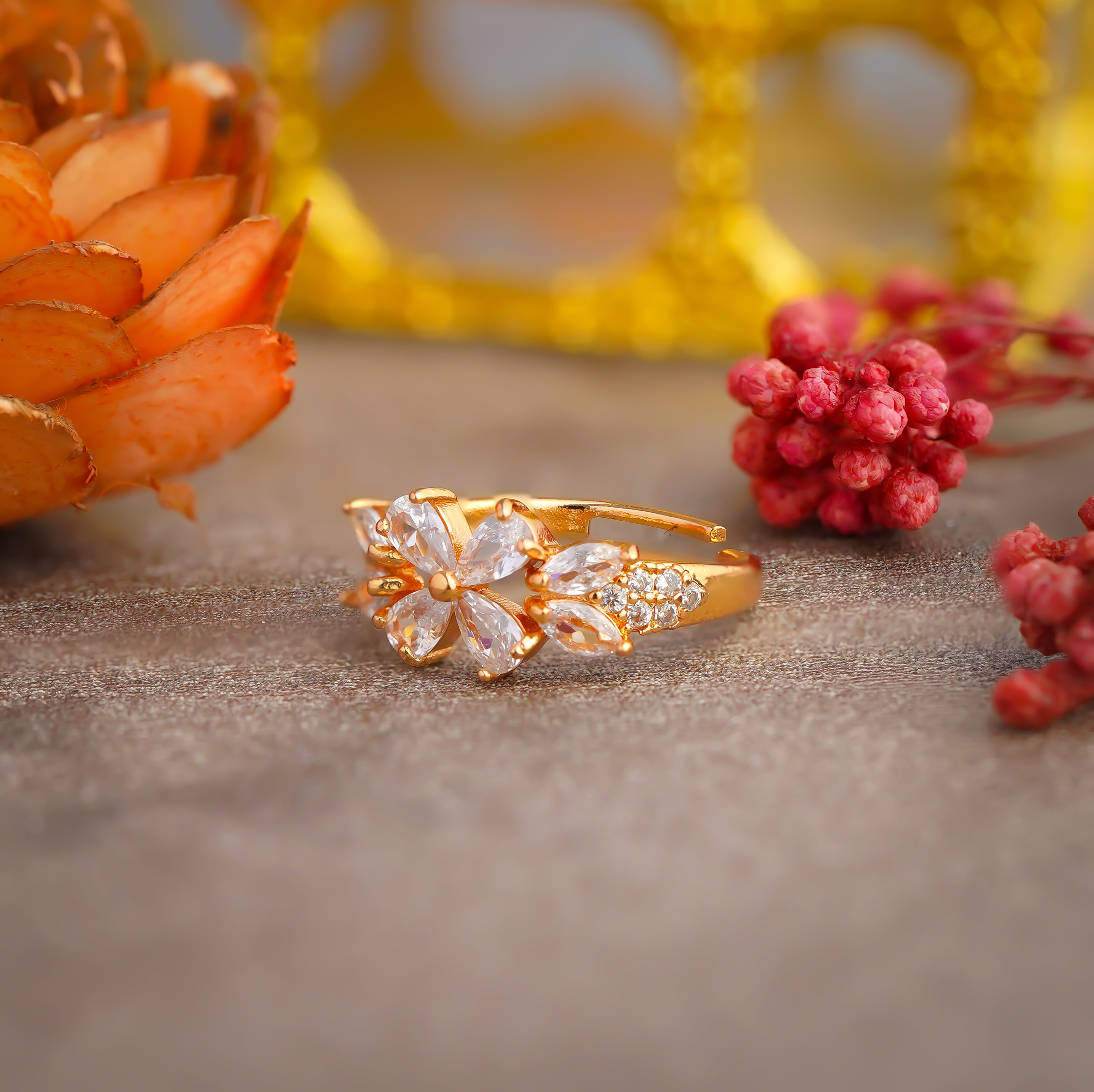 Exquisite Gold Plated Floral Crystal Ring for Women SR5